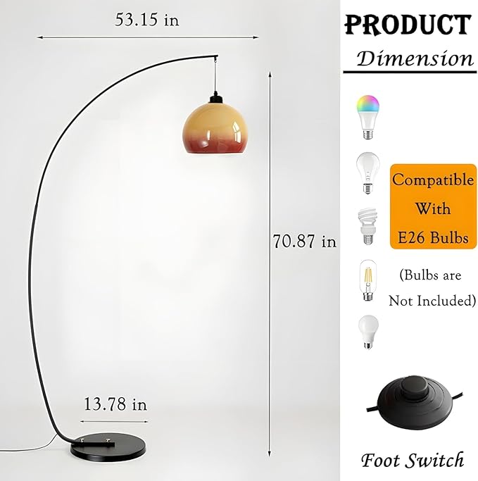 Bofea-Mid Century Modern Arc Floor Lamp,71 inches Tall Black Standing Lamps with Orange Glass Shade,Dimmable Reading Lamp Over Chair,Warm Lighting,Black Floor Lamps for Living Room,Bedroom Lighting