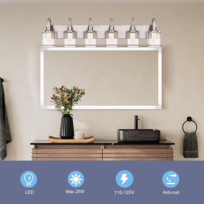 5-Light Brushed Nickel Vanity Light Fixtures, Modern LED Bathroom Wall Lights for Dressing Room, Integrated LED Chips with Frosted Column & Clear Square Glass Shades, Energy Saving Wall Sconce