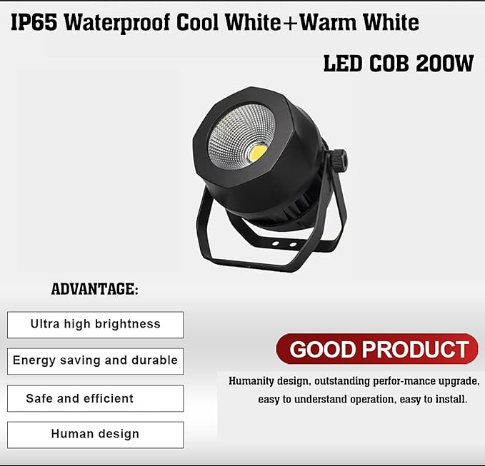 SHEHDS 200W Par Lights COB Uplights, IP65 Waterproof, Cool White + Warm White, Strobe&Wash Effect, Fanless Muted, DMX512 Control for Outdoor DJ Party Club Wedding Show