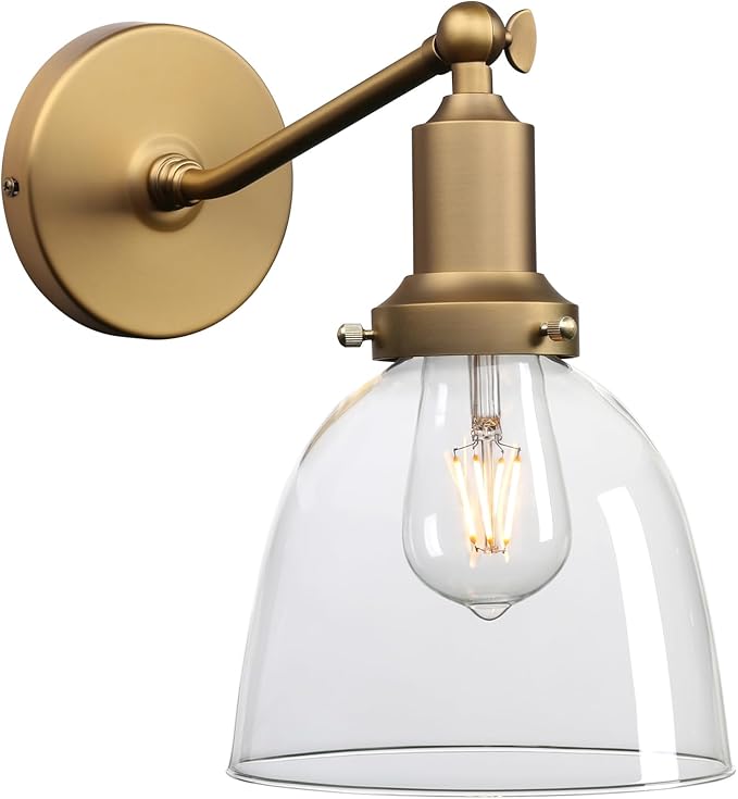 PERMO Industrial Vintage Slope Pole Wall Mount Single Sconce with 6.7" Oval Dome Clear Glass Shade Antique Gold Wall Sconce Light Fixture