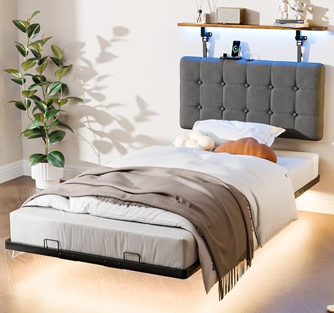 VINGLI Twin Size Floating Metal Bed Frame with LED& Charging Station Hanging Linen Headboard,Comfortable Cushion,10'' Platform Bed for Kids Teens Adults, No Box Spring Needed, Dark Gray