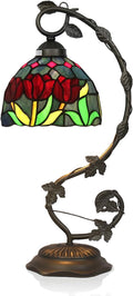 Stained Glass Lamp, Vintage Table Lamp, 8x10x20 Inch Bronze Metal Leaf Base Deco Desk Lamp for Bedroom, Living Room, Study（Tulip）