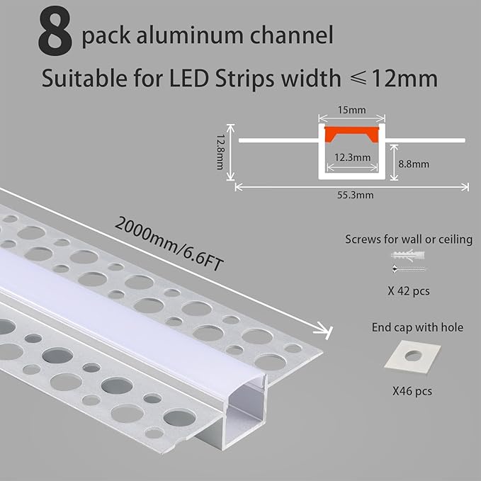 10 Pack Plaster-in LED Channel 6.6FT/2M Recessed Drywall Aluminum Strip Lighting Track with White Diffuser for Light Tape Mounting Profile