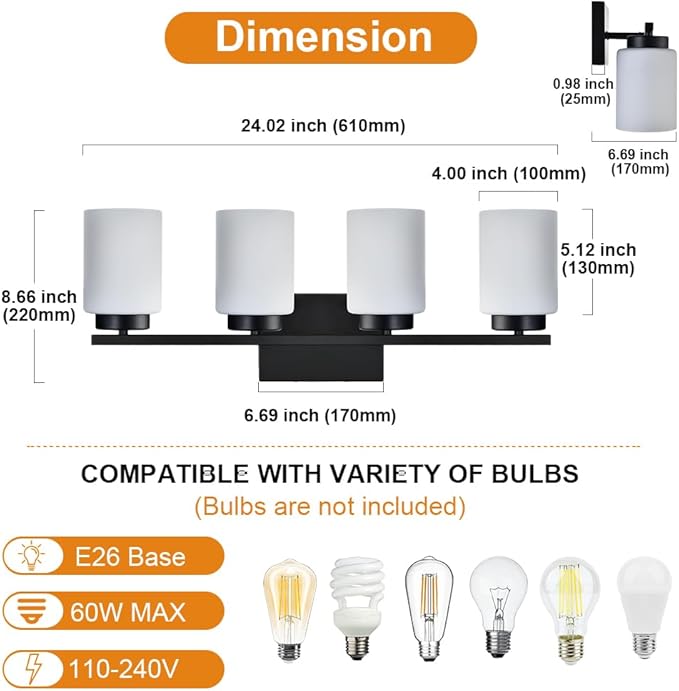 VINLUZ Bathroom Vanity Lights, 4-Light Classic Wall Sconce Lighting Fixtures Matte Black Finish with Milky White Frosted Glass Shades for Bedroom Cabinet Stairs