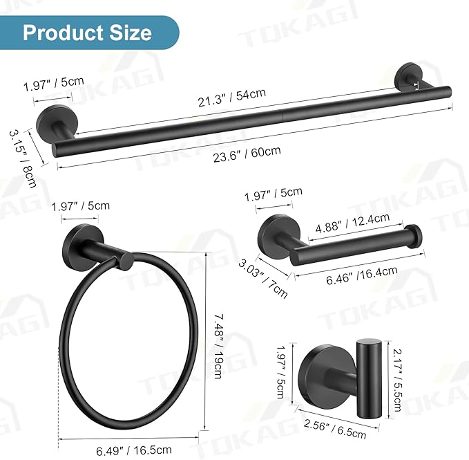 TQKAG Matte Black Bathroom Hardware Set 5 Pieces, SUS304 Stainless Steel Towel Bar Set Round Bathroom Towel Rack Set Wall Mounted