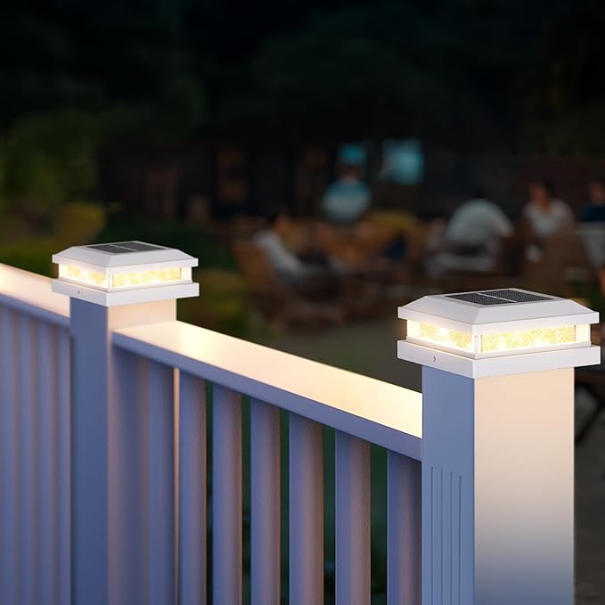 Solar Light Outdoor 4 Packs, Waterproof Solar Powered Post Cap Light for 4x4 4.5x4.5 5x5 Vinyl/Wooden Post with Warm/Cool Lighting, White 16LEDs Deck Cap Lights for Outside, Garden, Patio, Porch
