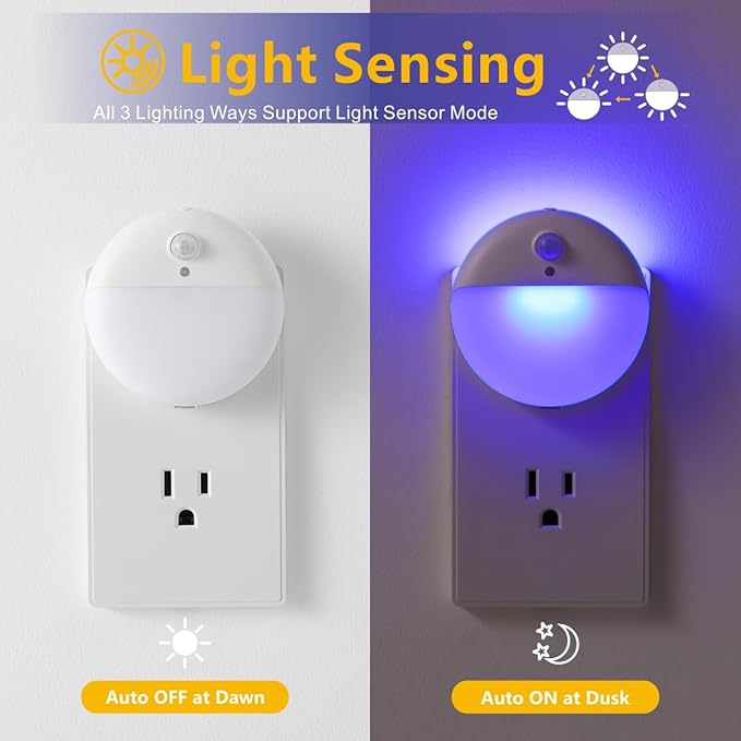 2 Pack Plug in Night Light, Dusk to Dawn, 3 Lighting Ways, Stepless Dimming, Auto On/Off Light Sensor, Blue LED Nightlight for Bathroom, Hallway, Stairs, Bedroom, Kitchen, Kids