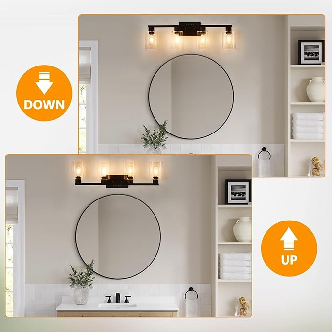 4 Light Bathroom Vanity Light Fixtures, Black Farmhouse Bathroom Vanity Light with Clear Glass Shade, Bathroom Lighting Fixtures Over Mirror, Vanity Lights for Bathroom Mirror