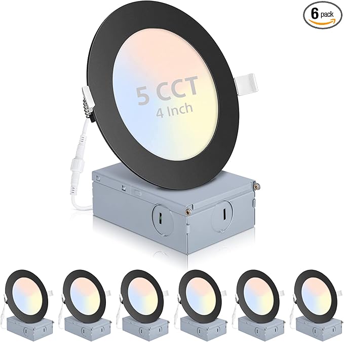6 Pack Recessed Lighting 4 Inch with Junction Box, 5CCT 4 Inch Black LED Recessed Lights Dimmable 2700K/3000K/4000K/5000K/6000K, 9W 700lm Ultra Thin Recessed Lighting - ETL and Energy Star Certified