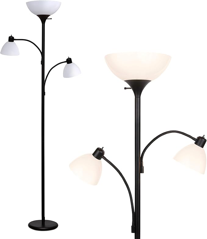 Brightech Sky Dome Double LED Floor Lamp, Torchiere Super Bright Floor Lamp with 2 Reading Lamps for Living Rooms & Offices - Dimmable Tall Standing Lamp for Bedroom Reading - Tall Black Pole