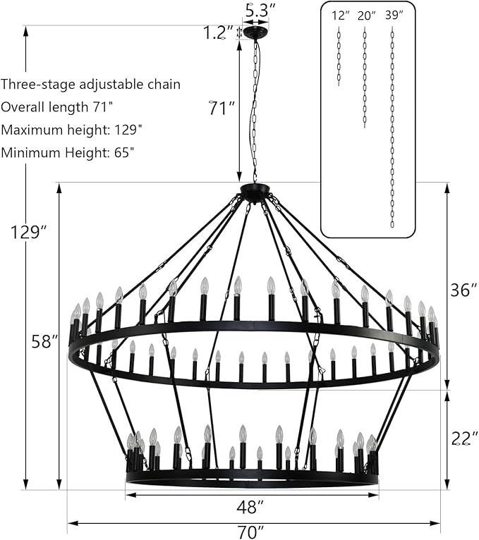 2 Tier Large Black Wagon Wheel Chandelier Farmhouse Industrial Chandelier Rustic Pendant Light Fixture Extra Large Wheel Chandeliers for high Ceilings (Black, 70 Inch 40-Lights)