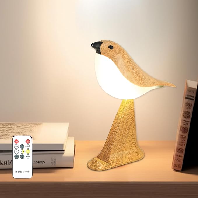 VoMii Small Bird Table Lamp with Timer, Touch & Remote Control & 3-Color Dimmable, Bedside Lamp, Rechargeable Battery, Cold/Warm Night Light, Portable Cute Lamp for Bedroom, Home Decor