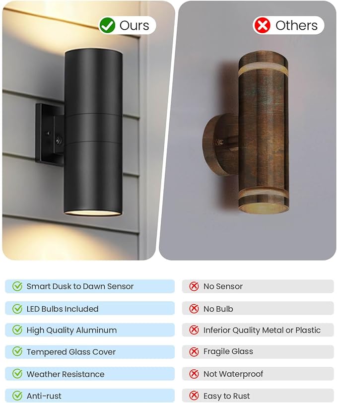 KIZON Dusk to Dawn Outdoor Lighting 2 Pack, Modern Outdoor Wall Lights Black Exterior Lighting Fixtures Wall Mount with E26 Base, Waterproof Sconce Porch Light with Bulbs Included, ETL Listed