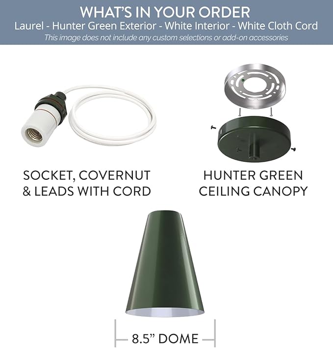 Steel Lighting Co. Laurel Pendant Light | Ceiling Mounted | 8.5 inch Cone Shade | Modern Contemporary Farmhouse Style Made in America | White Cloth Cord | Hunter Green Exterior/White Interior