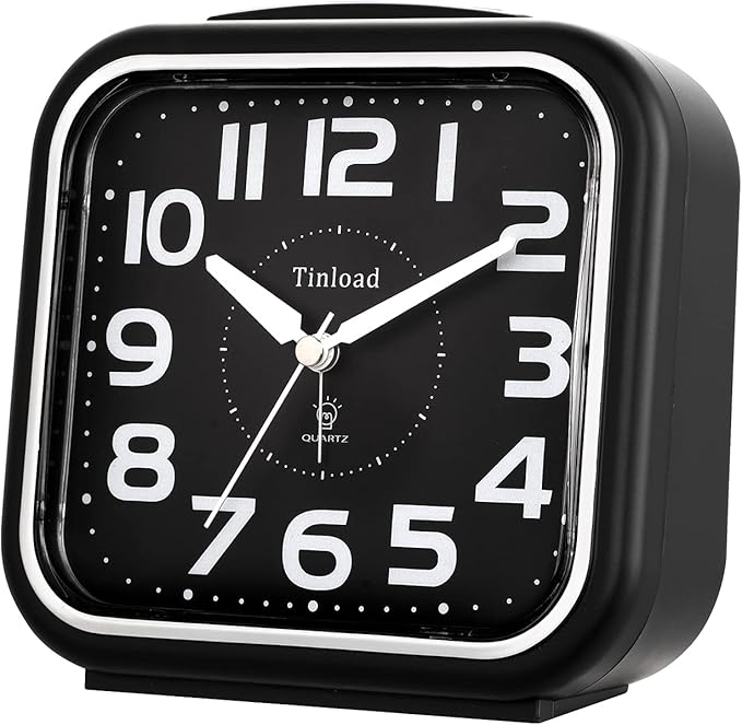 5.5" Large Analog Alarm Clock Silent Non Ticking, Gentle Wake, Beep Sounds, Increasing Volume, Battery Operated Snooze and Manual Light, Easy Set, Black (Best for Elder)
