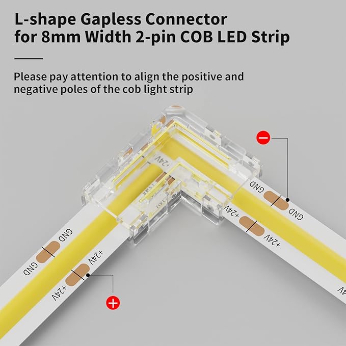 PAUTIX 8mm 2-Pin COB Connector 8pcs L-Shaped/Corner Connectors,Reusable Solderless Adapter Terminal Extension Connection,2pcs Gapless Strip to Strip Connectors for COB LED Strip Lights,SMD LED Strips