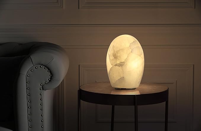 Natural Calcite Stone Lamp – Handcrafted from Solid Crystal Stone, Dimmable Bedside Accent Light, Unique One-of-a-Kind Texture, Small Cylinder Table Lamp for Bedroom