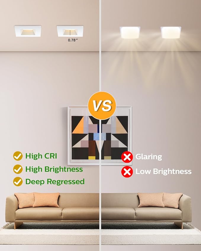 Adetu 4 Inch Anti-Glare LED Downlight,Dimmable Ceiling Light with 5CCT Reset,Selectable from 2700K to 5000K - 12W 1080LM, ETL Certified (White, 12 Pack Square)