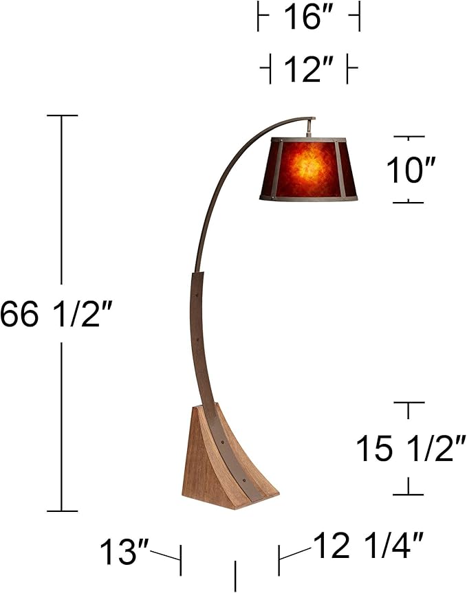 Franklin Iron Works Oak River Mission Style Arc Floor Lamp with USB Charging Port 66 1/2" Tall Dark Rust Natural Wood Base Amber Mica Drum Shade Decor for Living Room Reading House Bedroom Home