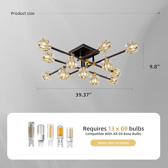 Semi Flush Mount Ceiling Light Fixture,13-Lights Modern Crystal Light Fixture,Black and Gold Modern Crystal Chandelier,Sputnik Chandeliers for Dining Room Kitchen Island Bedroom Living Room