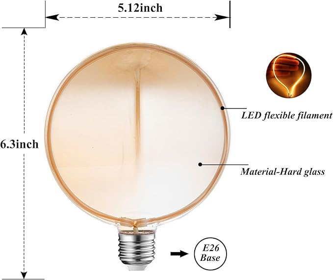 Decorative Light Bulb Unique Globe Bulb 40 Watt Equivalent, Dimmable Spiral Filament Large E26 Vintage Edison LED Light Bulb 4W 1800K Amber Glass