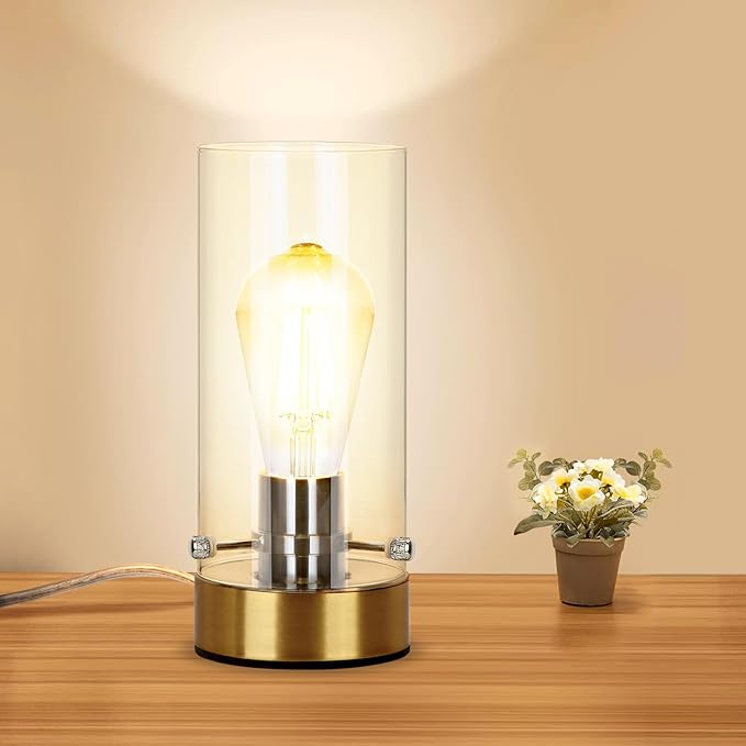 Table Lamp for Bedroom Living Room, Bedside Modern Nightstand Lamp with Glass Lamp Shape, 2700K 6W Glass Bulb Included(Gold).