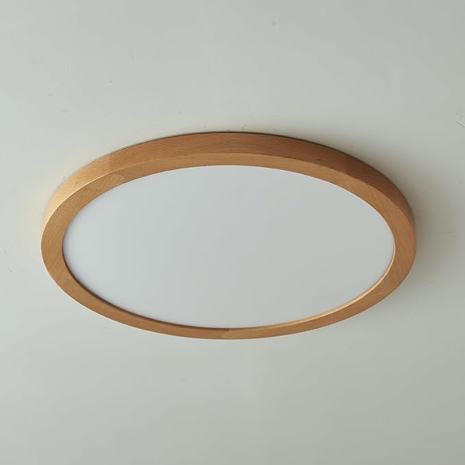 Ultra-Thin LED Ceiling Light Fixture 20.47", Handcrafted Natural Wood Modern Wabi-Sabi Style, Slim 2.5cm Profile, 37W LED 3000K-4000K-6000K, Round Minimalist Lamp for Bedroom Kitchen Hallway