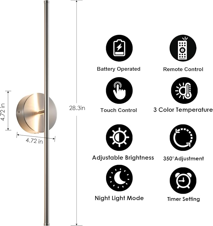 Removable Battery Operated Wall Sconces with Remote Control 350°Rotate LED Wireless Wall Lights with 3 Color Temperatures & Dimming for Bedroom, Hallway,28.3 Inch (2 Pack)