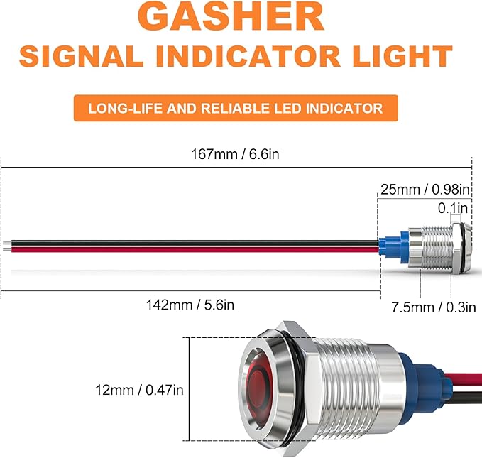 GASHER 5 PCS Energy Saving Indicator Light, LED Light 12V/24V/110V 20mA Panel Mount Light, Mounting Hole Size 12mm(1/2 inch) Red LED (24V)