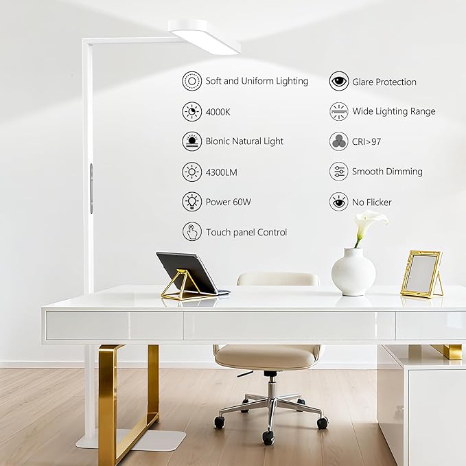 73" LED Floor Lamp, Full Spectrum Eye-Care Reading Floor Lamps, 60W Dimmable Standing Light,4300LM Natural Bright Floor lamp for Living Room, Bedroom, Office, Study Room, Ra97, 4000K