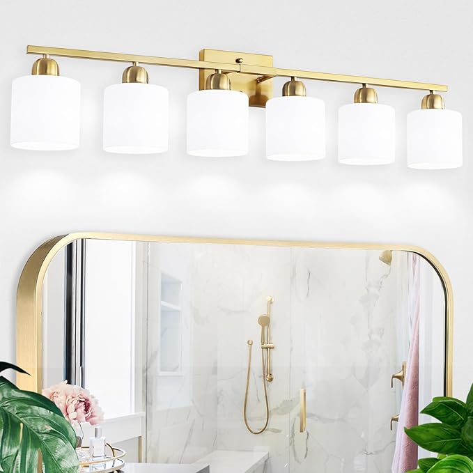 6 Light Gold Bathroom Vanity Light for Large Mirror, Gold Vanity Lights for Bathroom with Milky White Frosted Glass Shades, 38 inch Wall Lamp for Mirrors Living Room E26 Base