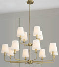12-Light Brushed Gold Chandelier, E12 Bulb Compatible, White Fabric Shades, Adjustable Rod, Farmhouse & Industrial Style Ceiling Light for Living Room Dining Room Bedroom