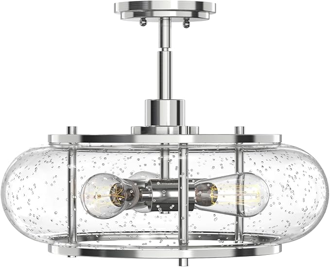 Elisha 3-Light Semi Flush Mount Ceiling Light with Seedy Glass Shade in Brushed Nickle Finish for Hallway, Entryway, Passway, Dining Room, Bedroom, Garage, Kitchen Island, Balcony, Living Room