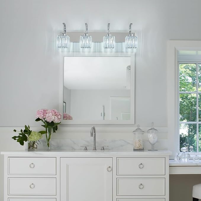 Crystal Vanity Lights 4-Light Chrome Bathroom Vanity Lights Modern Crystal Bathroom Light Fixtures Over Mirror 32.67" Long Vanity Light for Bathroom
