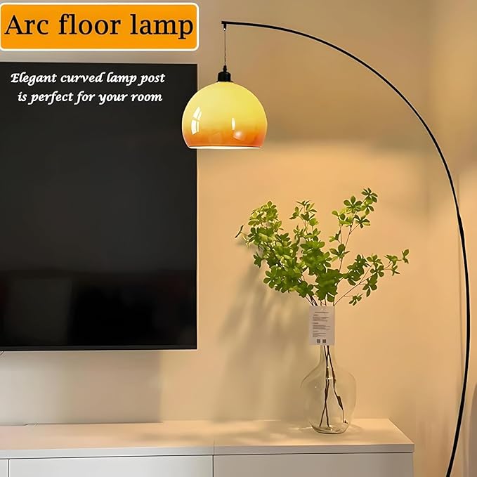 Bofea-Mid Century Modern Arc Floor Lamp,71 inches Tall Black Standing Lamps with Orange Glass Shade,Dimmable Reading Lamp Over Chair,Warm Lighting,Black Floor Lamps for Living Room,Bedroom Lighting
