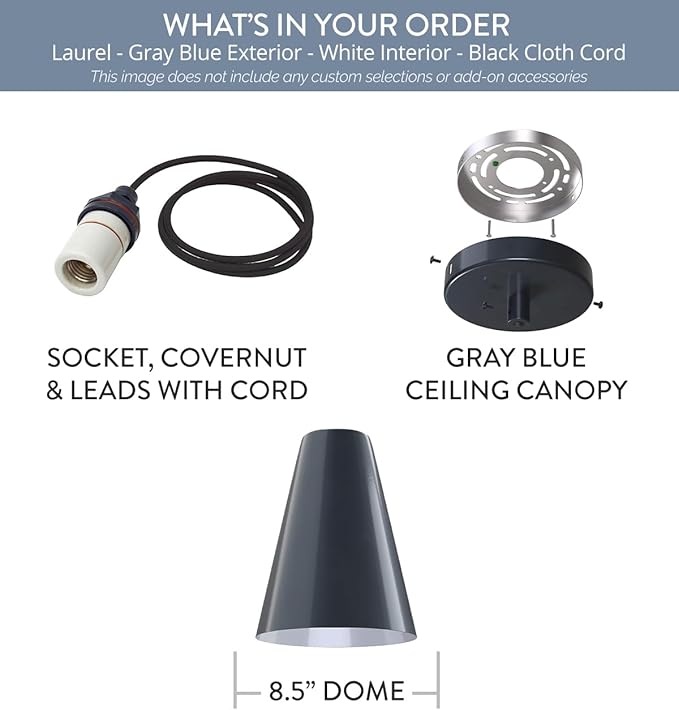 Steel Lighting Co. Laurel Pendant Light | Ceiling Mounted | 8.5 inch Cone Shade | Modern Contemporary Farmhouse Style Made in America | Black Cloth Cord | Gray Blue Exterior/White Interior