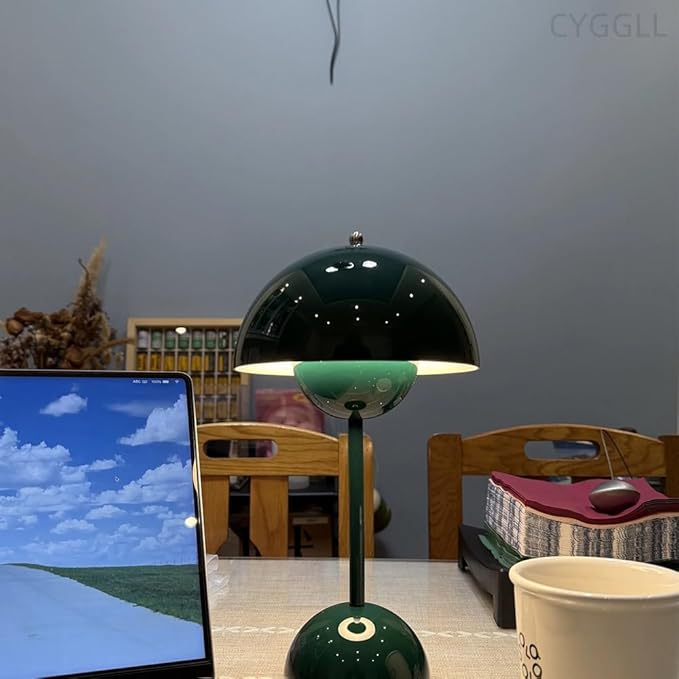 Flowerpot Lamp Modern Flower Bud 12" Cordless Touch Dimmable 2600mAh Rechargeable Nordic Minimalist Mushroom Lamp Retro Nightstand Bedside Light for Bedroom Living Room(Dark Green)