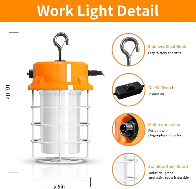 80W LED Temporary Work Light 12000lm 5000K Daylight White Portable Hanging Construction Lighting Led High Bay Light for Workshop Mine Job Site Lighting