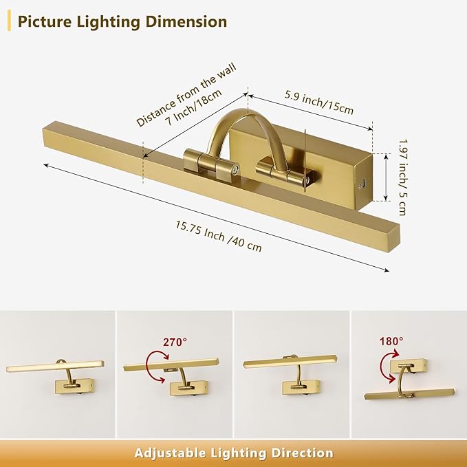 Picture Lights for Wall Battery Operated, Brass Art Lighting for Paintings with Remote and Timer, Wireless Gallery Light for Portrait Frame Artwork, 16'' Inch 3CCT Dimmable