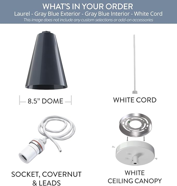 Steel Lighting Co. Laurel Pendant Light | Ceiling Mounted | 8.5 inch Cone Shade | Modern Contemporary Farmhouse Style Made in America | White Cord | Gray Blue Exterior/Gray Blue Interior