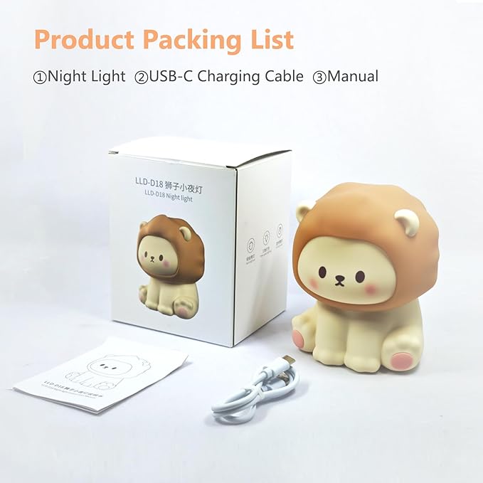 Cute Lion Cartoon Nursery Night Lights, Big Cat Design Safe Silicone Soft LED Nursery Lamp for Toddler Room Decoration