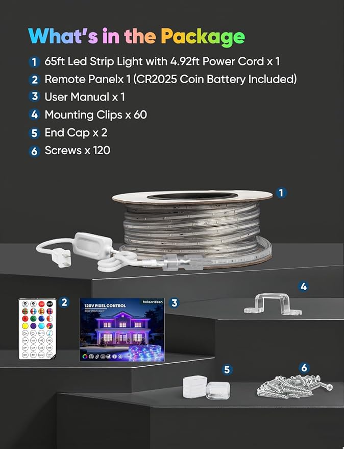 65FT Outdoor LED Strip Lights RGB+IC with Warm&Cool White, 120V Pixel Control Light String Music Sync, Waterproof and Connectable, for New Year Party Festival Eave Porch Patio Home Decor, ETL Listed