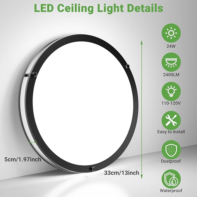zemty 1Pack 13Inch Black LED Flush Mount Ceiling Lights, Dimmable 24W 2400LM 3000K-6500K Adjustable, Bright Round Close to Ceiling Light Fixtures for Kitchen Bedroom Bathroom Hallway