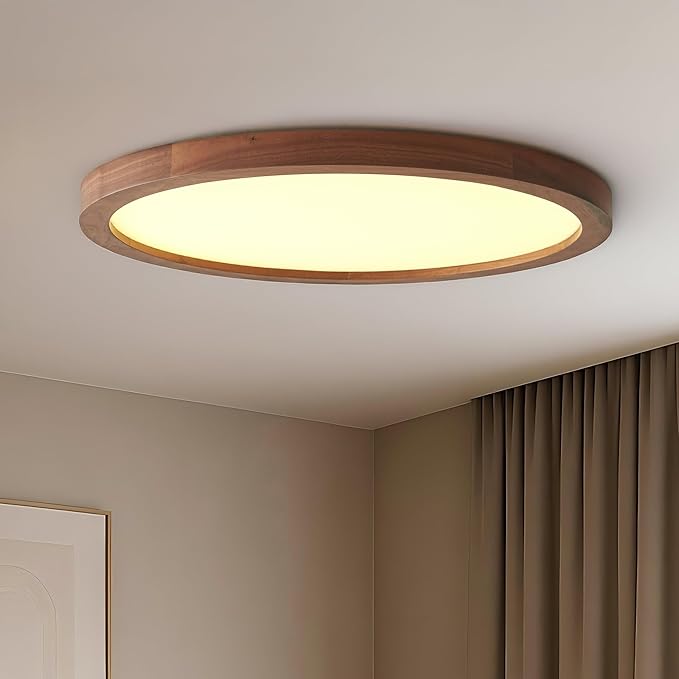 Ultra-Thin LED Ceiling Light Fixture 16.53", Handcrafted Walnut Wood Modern Wabi-Sabi Style, Slim 2.5cm Profile, 37W LED 3000K-4000K-6000K, Round Minimalist Lamp for Bedroom Kitchen Hallway