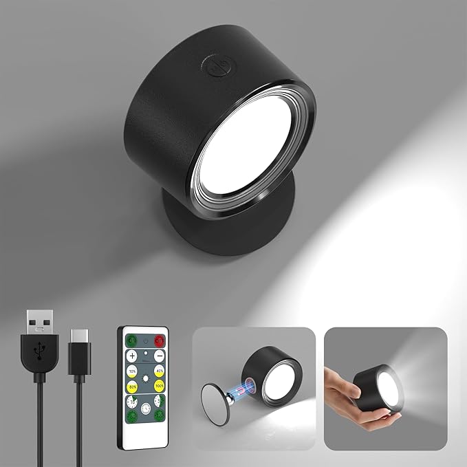 Lightbiz LED Wall Lights with Remote, Wall Mounted Sconces 3000mAh Rechargeable Battery Operated 3 Color Temperatures & Dimmable Magnetic Ball 360°Rotation Cordless Wall Light for Bedroom Bedside