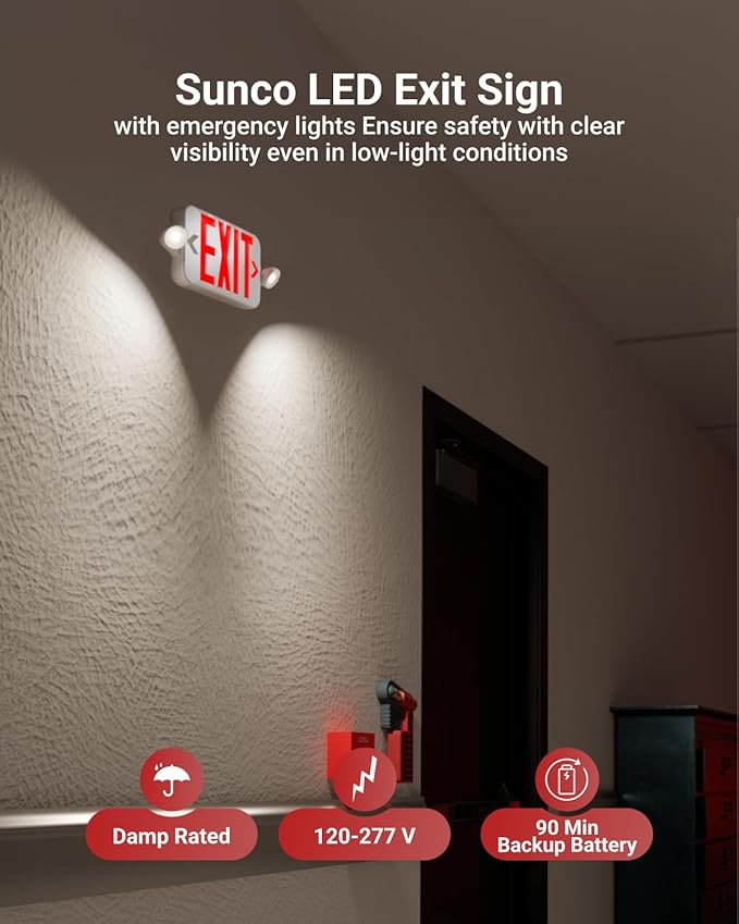 Sunco LED Exit Sign With Emergency Lights, Red, Two Mini Adjustable Lights, 94V-0 Fire Resistant, Backup Battery, 2.3W 6000K Daylight Deluxe, 200 Lumens 120-277V, Wall Or Ceiling Mount UL