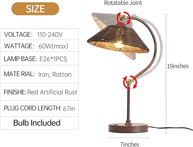 Woven Rattan Bedside Table Lamp Set of 2, Boho Plug in Handmade Rattan Shade & Anti-Rust Iron Base Desk Lamp, Plug & Play Vintage Dark Brown Nightstand Lamp for Living Room,Office【Bulb Included】