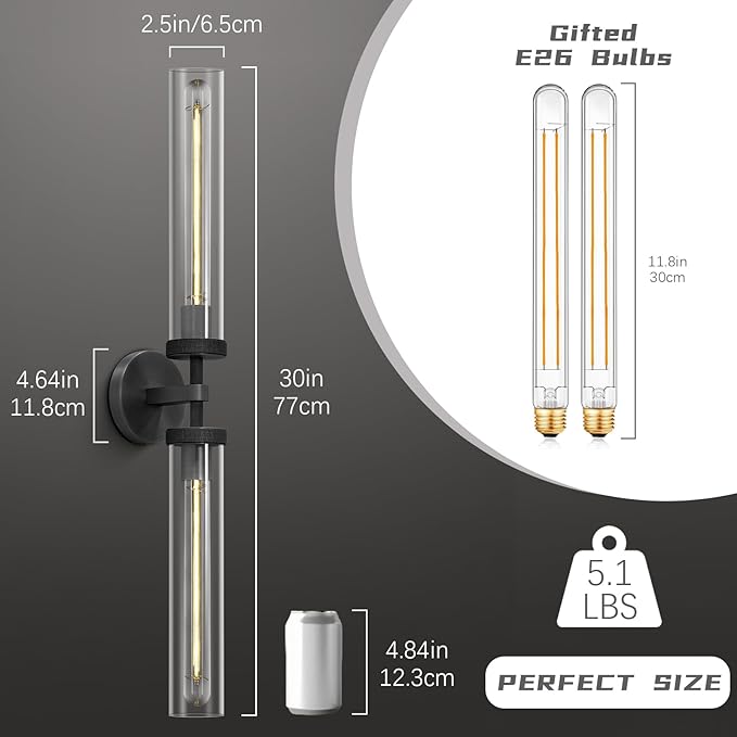 Black Wall Sconces Hardwired, 30" Bronze Wall Sconce for Bathroom, Linear Sconces Wall Lighting, 2-Light Knurled Wall Sconce Dimmable, Vanity Light with Tube Glass, Bathroom Light Fixtures over Mirror