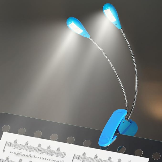 TEECOO Music Stand Light, Clip on LED Book Lights, USB and AAA Battery Operated, Reading Lamp in Bed, 4 Brightness Levels, Ideal for Musician, Piano Player, Travel (Dual Arm, Blue)