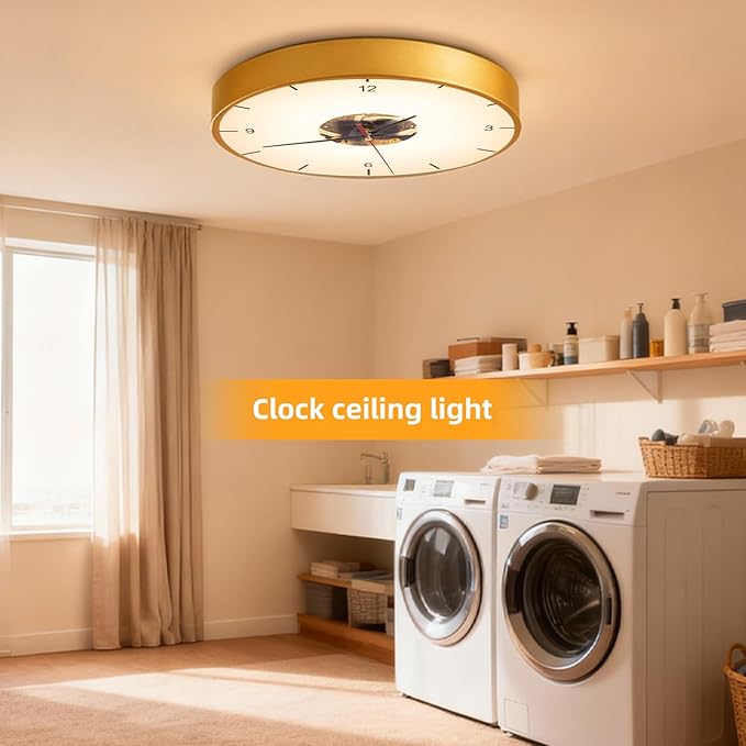 Gold Flush Mount Ceiling Light, Wall Mounted Clock 12 inch LED Dimmable Ceiling Lamp with Remote Control, Silent and No Ticking Sound Light Fixture for Bedroom Foyer Entryway Hallway ﻿
